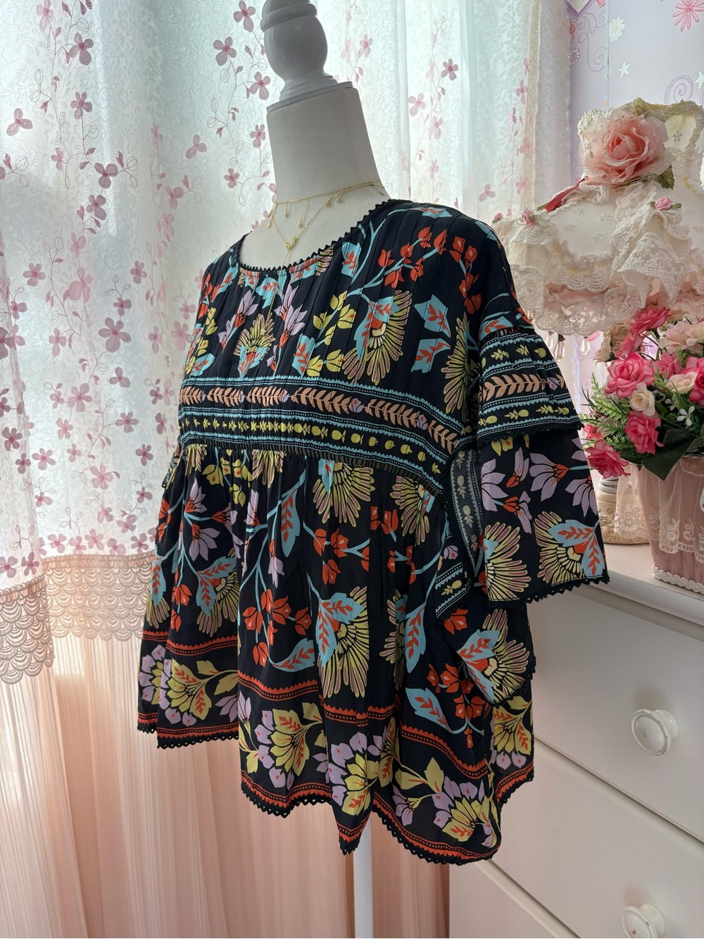 Farm Rio Black Flowery Ruffle Blouse - Picture 3 of 7